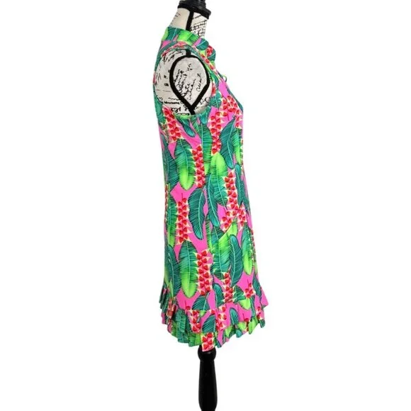 Tzu Tzu Sleeveless Dress Tropical Leaf Print Ruffle-Hem Green Pink USA Size S - Picture 2 of 7